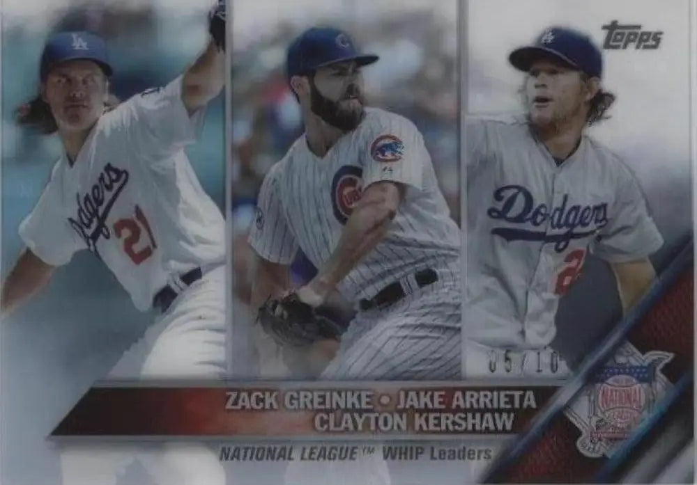 2016 Topps 65th Anniversary NL WHIP Leaders #125 – Zack Greinke, Jake Arrieta, Clayton Kershaw – PSA 10 GEM MINT