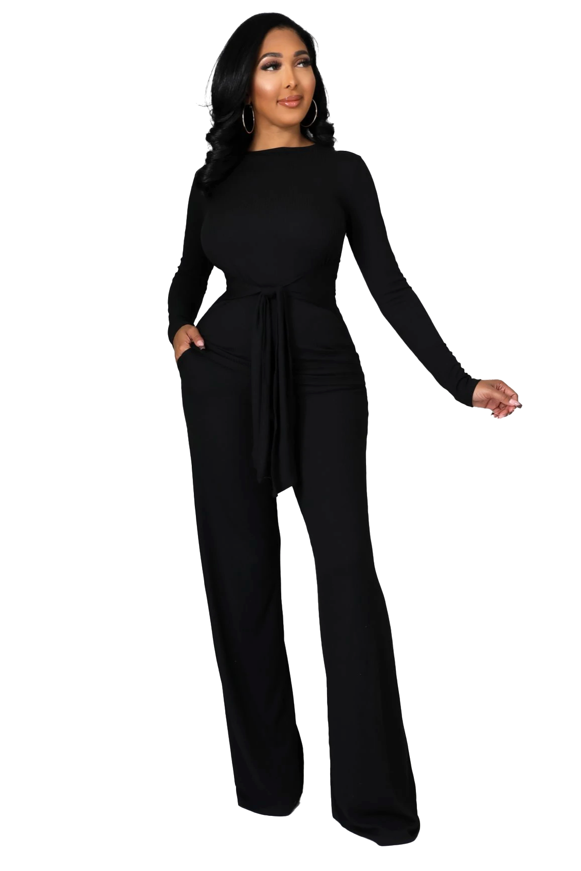 2 PC Ribbed Belted Top Wide Leg Bottom Set - Black