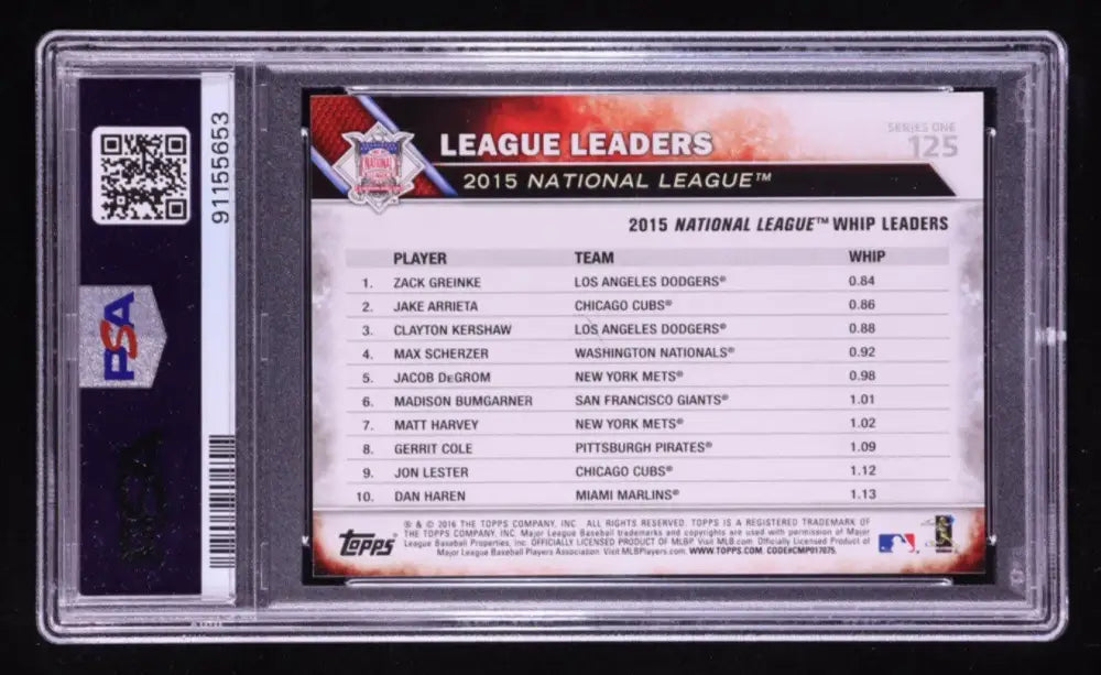 2016 Topps 65th Anniversary NL WHIP Leaders #125 – Zack Greinke, Jake Arrieta, Clayton Kershaw – PSA 10 GEM MINT