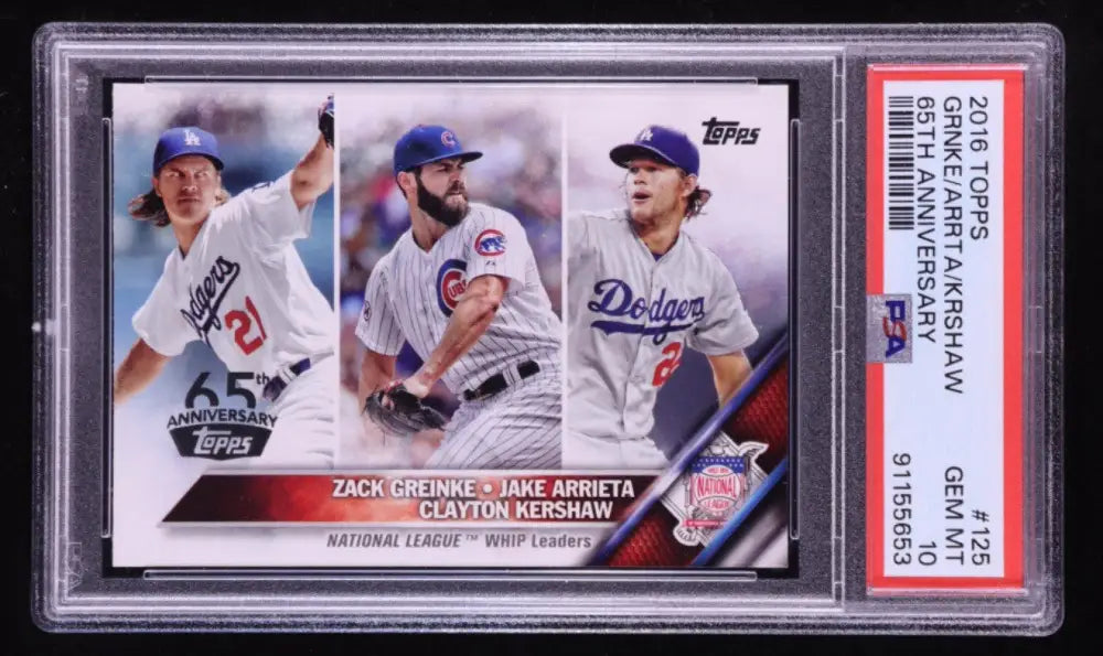 2016 Topps 65th Anniversary NL WHIP Leaders #125 – Zack Greinke, Jake Arrieta, Clayton Kershaw – PSA 10 GEM MINT
