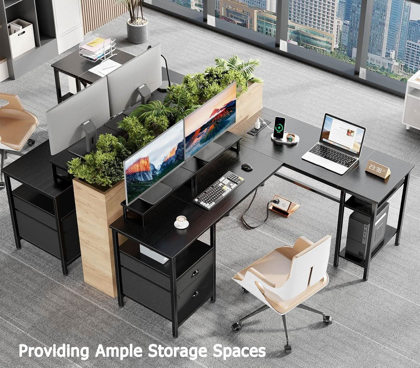 Fifty Nine Inch L Shaped Desk With Black Storage Drawers Unit