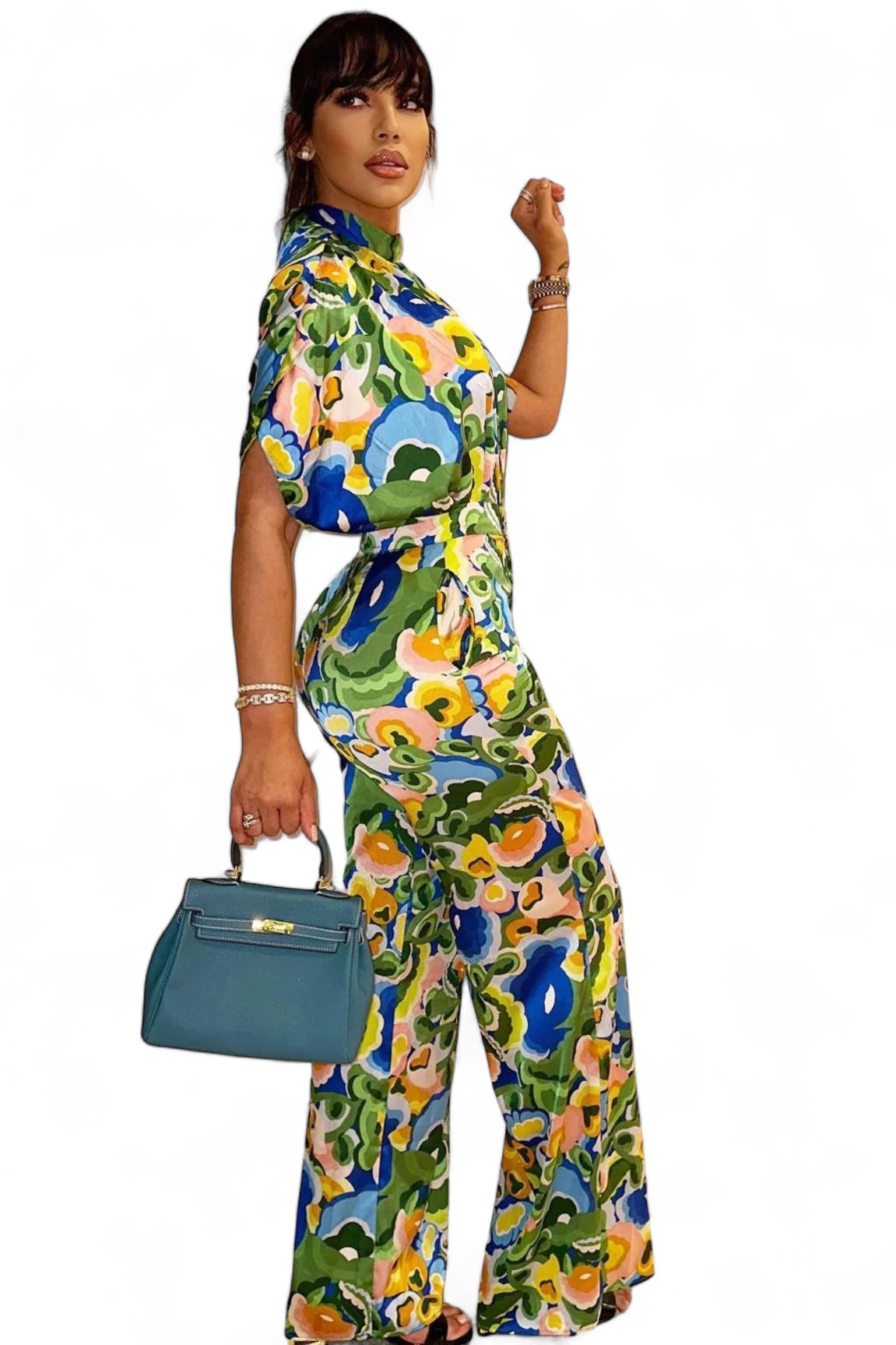 2 PC Mock Neck Short Sleeve High Waisted Wide Leg Set