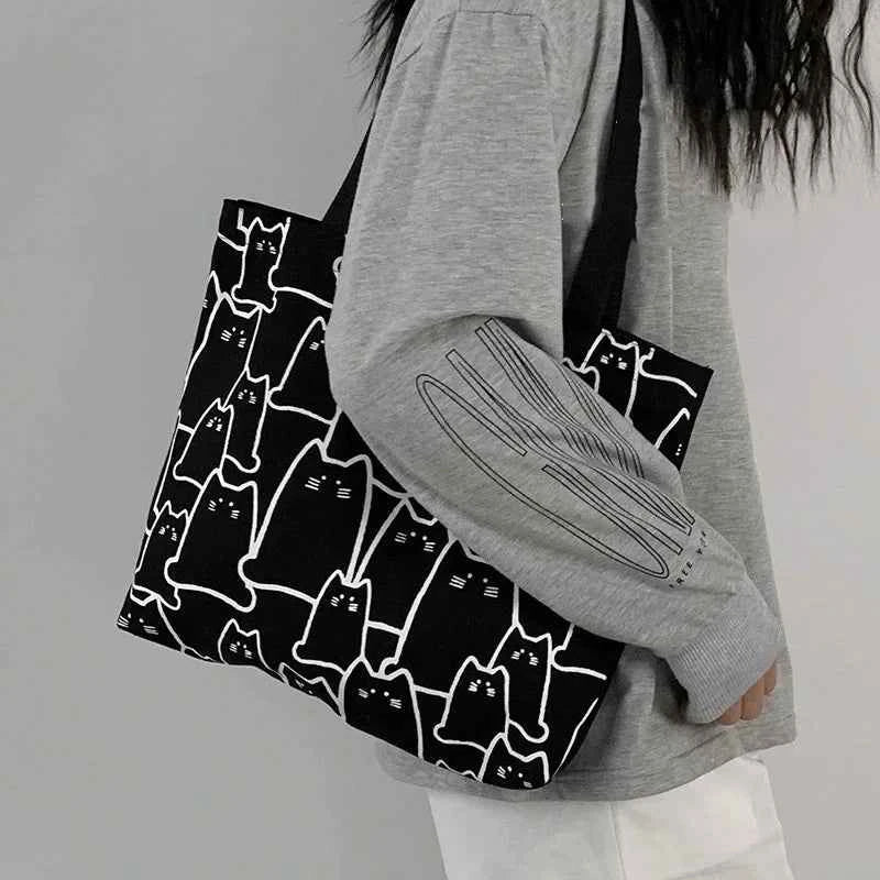 Kawaii Cute Cat Canvas Shopper Tote Bag (15.4 in) - Japanese Cartoon Shoulder Bag
