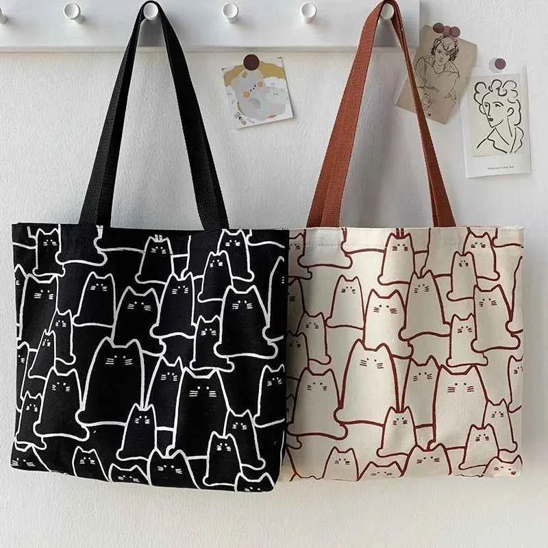 Kawaii Cute Cat Canvas Shopper Tote Bag (15.4 in) - Japanese Cartoon Shoulder Bag