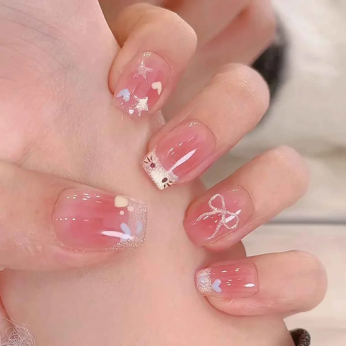 24pc Short Square Coffin Press On Nails - Glitter Diamond Blush Pink Cat Eye