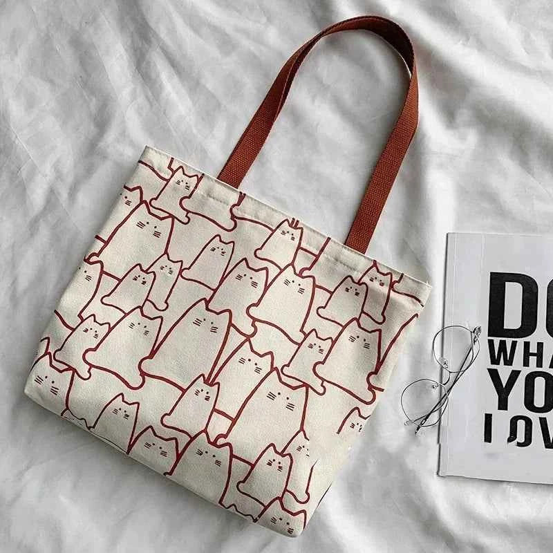 Kawaii Cute Cat Canvas Shopper Tote Bag (15.4 in) - Japanese Cartoon Shoulder Bag