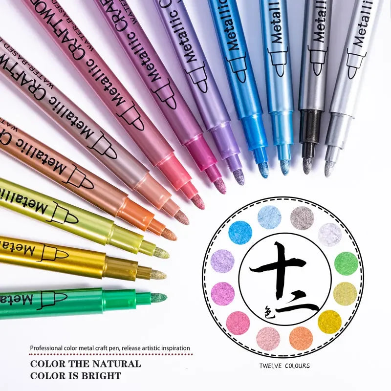 12 Colors Metallic Markers Pens Silver Gold Paint Pens for Black Paper, Glass, Rock Painting