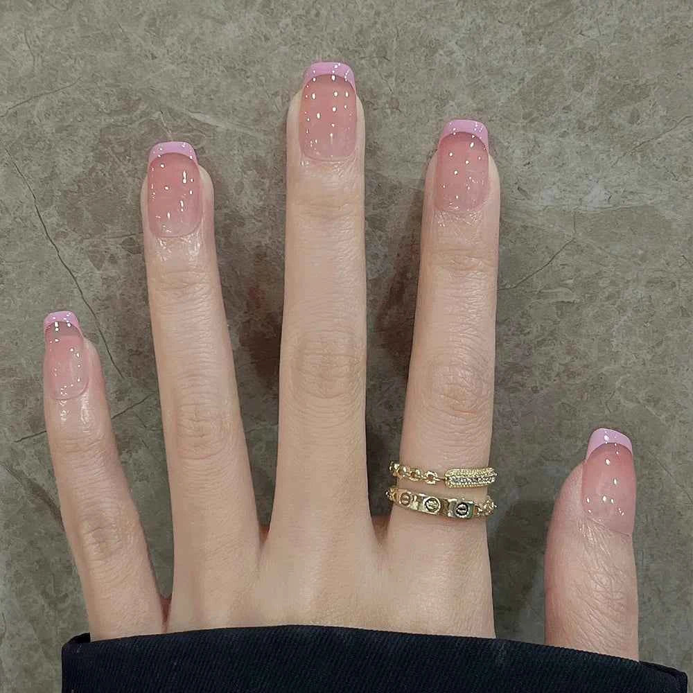 24pc Short Square Coffin Press On Nails - Glitter Diamond Blush Pink Cat Eye