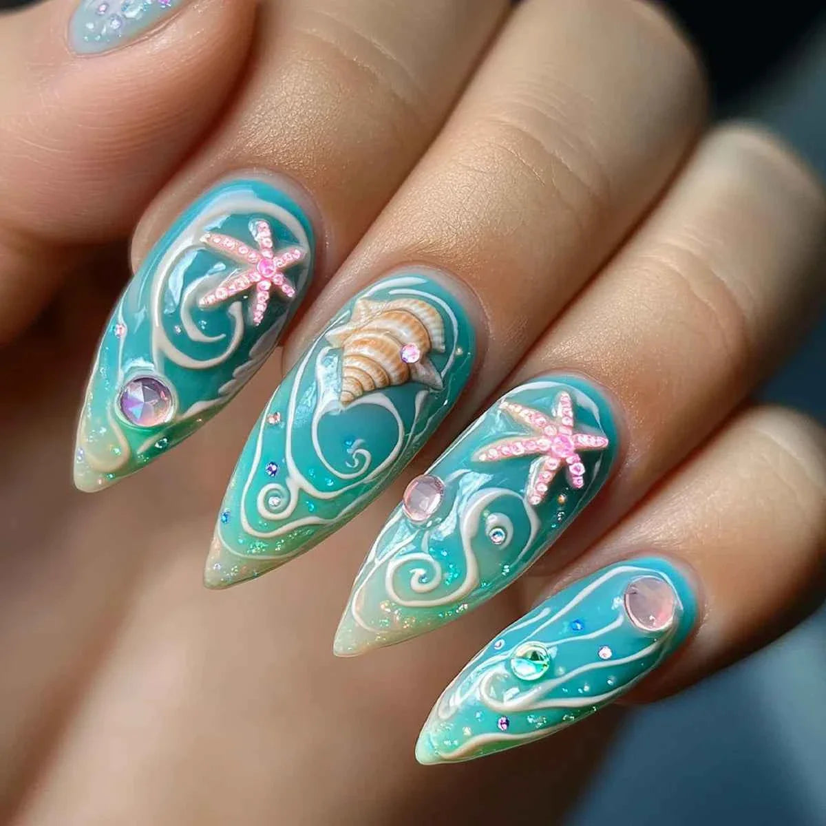 24pc Mid-Length Almond Press On Nails - Blue Smudge Full Cover Set