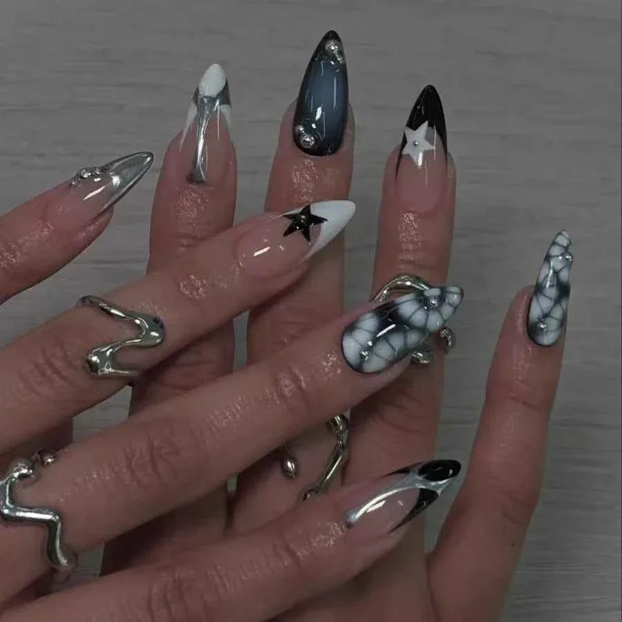 24pc Mid-Length Almond Press On Nails - Blue Smudge Full Cover Set