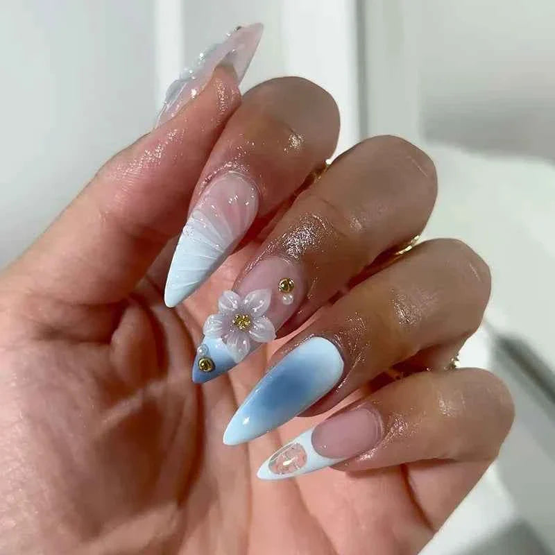 24pc Mid-Length Almond Press On Nails - Blue Smudge Full Cover Set