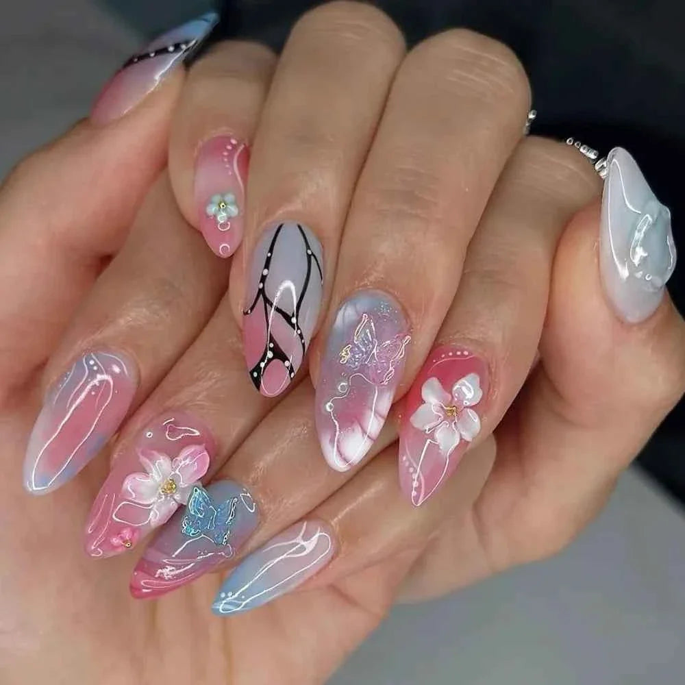 24pc Mid-Length Almond Press On Nails - Blue Smudge Full Cover Set
