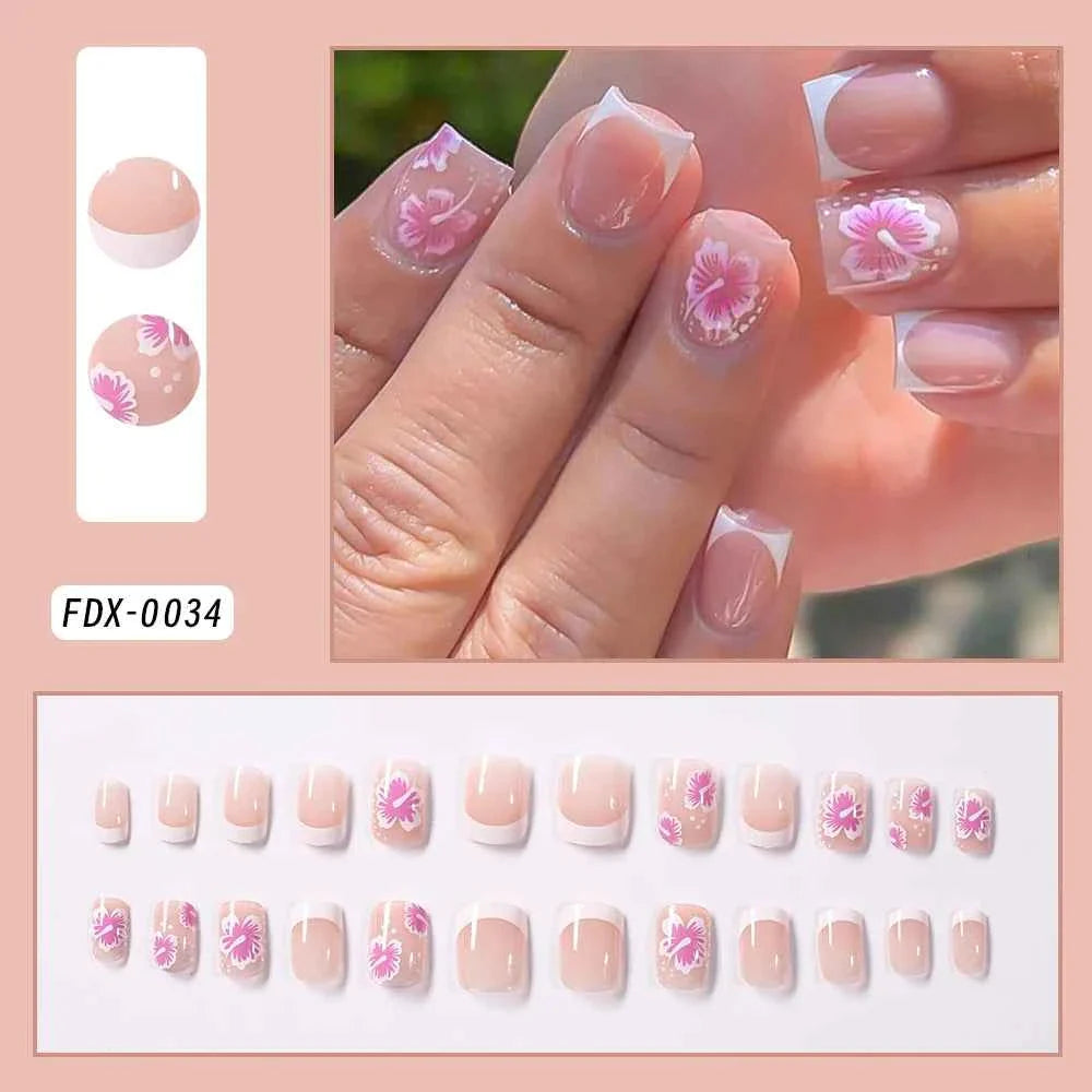 24pc Short Square French Press On Nails - White & Pink Flower Design