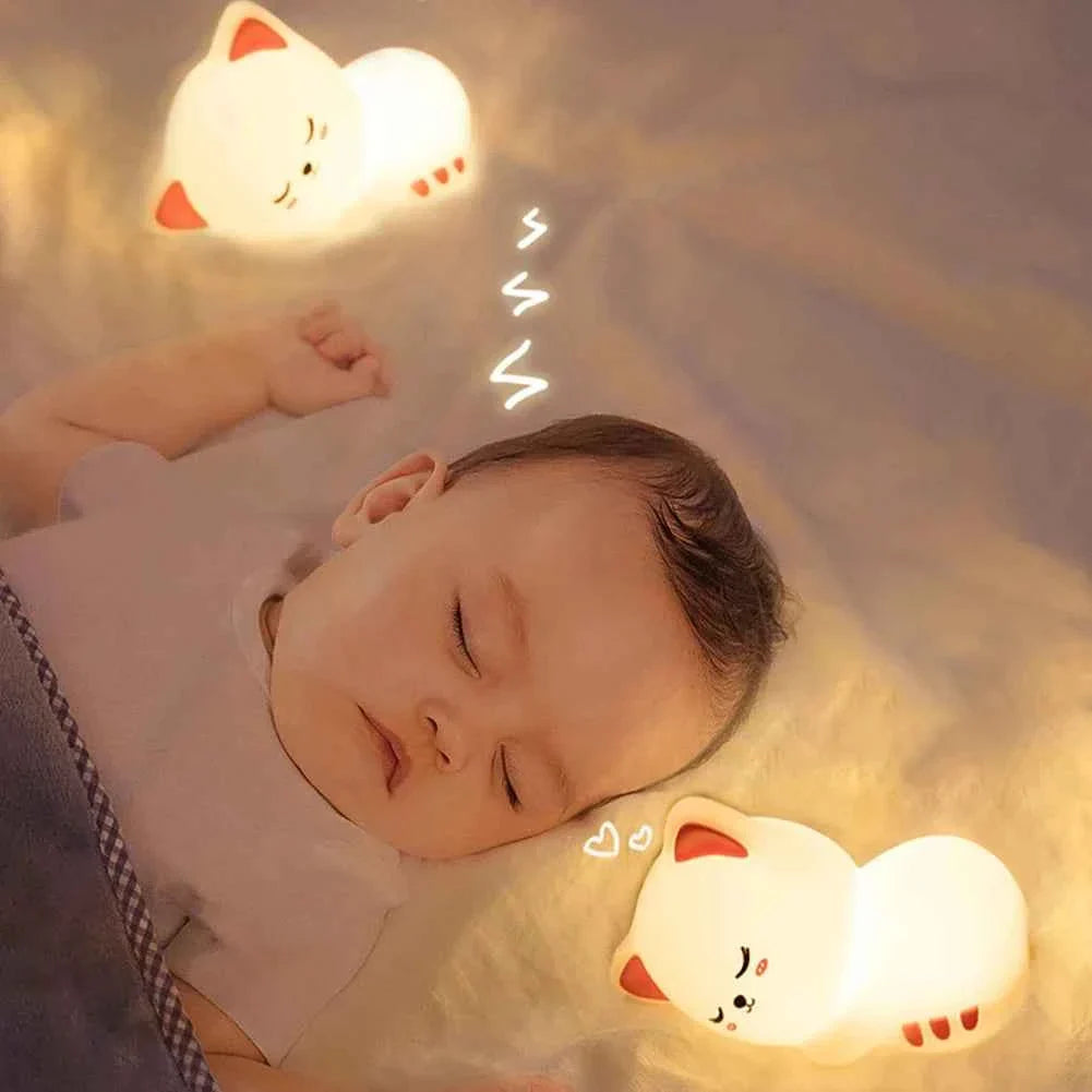 Kawaii Cat Silicone Night Light 7 Colors & Timer (3.9 in) - Nursery Rechargeable Lamp