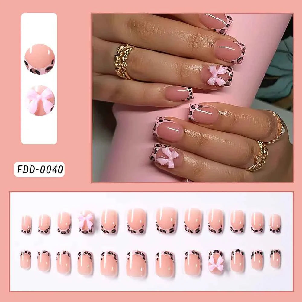 24pc Short Square French Press On Nails - White & Pink Flower Design