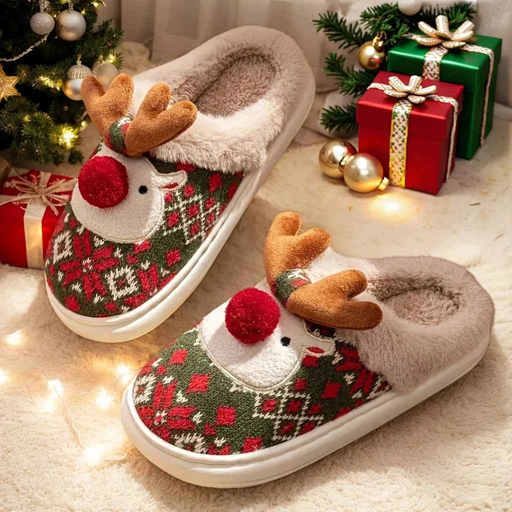 Cute Christmas Reindeer Slippers - Fleece-Lined Warm Indoor Fashion Slip-Ons