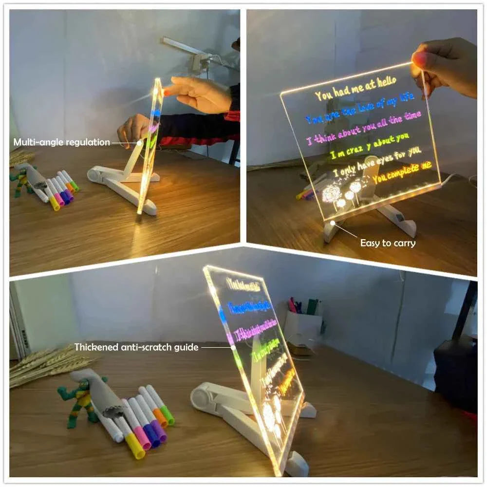 LED Note Board Night Light w/7 Color Pens - DIY Acrylic Message Board Gift