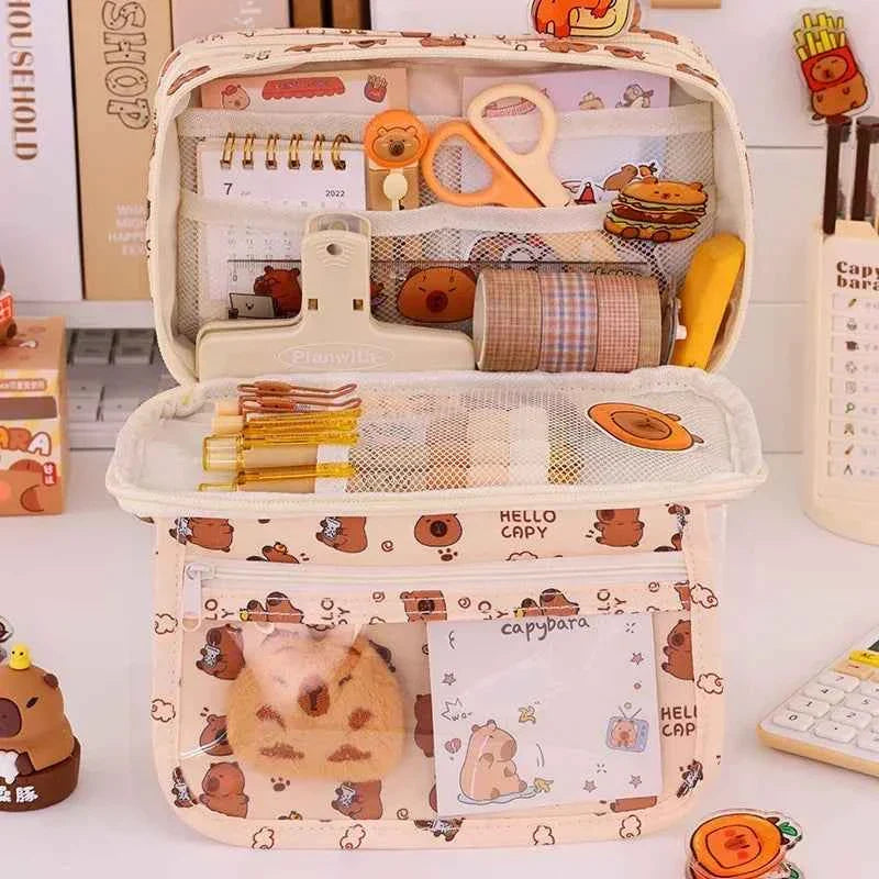 Kawaii Capybara Multi-Layer Pencil Case (8.5 in) - Large Capacity Stationery Organizer