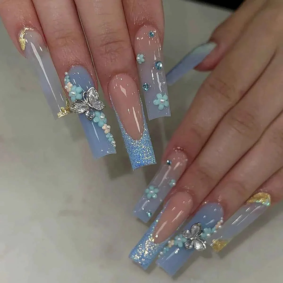 24pc Long Square French Press On Nails - 3D Heart & Rhinestone Design