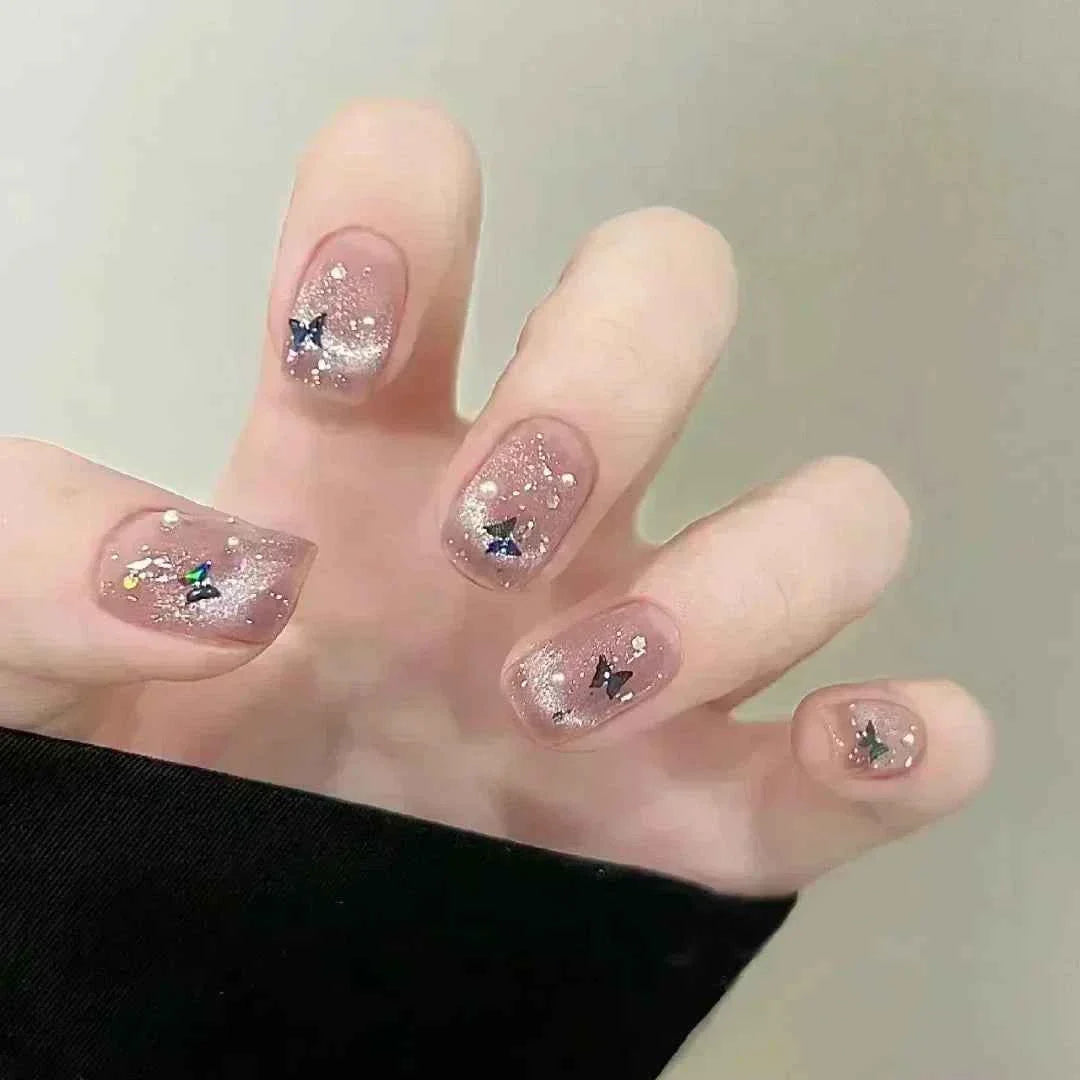 24pc Short Square Coffin Press On Nails - Glitter Diamond Blush Pink Cat Eye