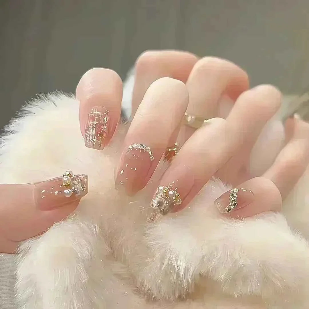 24pc Short Square Coffin Press On Nails - Glitter Diamond Blush Pink Cat Eye