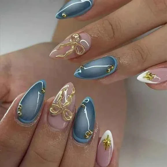 24pc Mid-Length Almond Press On Nails - Blue Smudge Full Cover Set