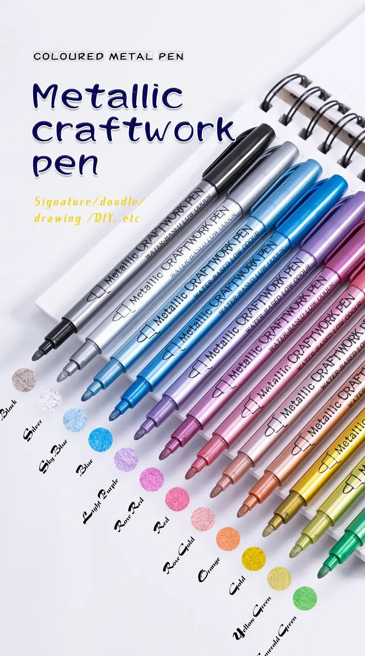 12 Colors Metallic Markers Pens Silver Gold Paint Pens for Black Paper, Glass, Rock Painting