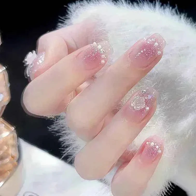 24pc Short Square Coffin Press On Nails - Glitter Diamond Blush Pink Cat Eye