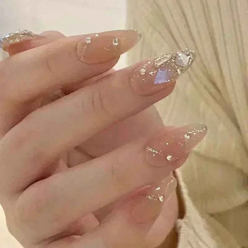 24pc Short Square Coffin Press On Nails - Glitter Diamond Blush Pink Cat Eye