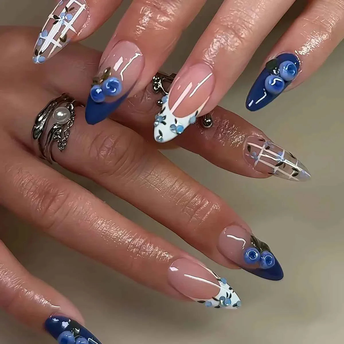 24pc Mid-Length Almond Press On Nails - Blue Smudge Full Cover Set