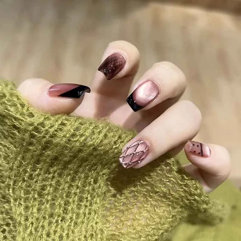 24pc Short Square Coffin Press On Nails - Glitter Diamond Blush Pink Cat Eye