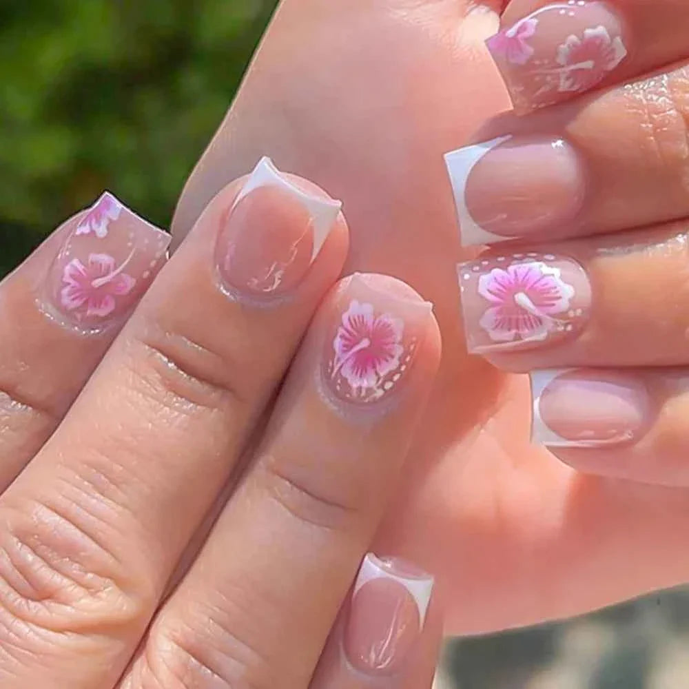 24pc Short Square French Press On Nails - White & Pink Flower Design
