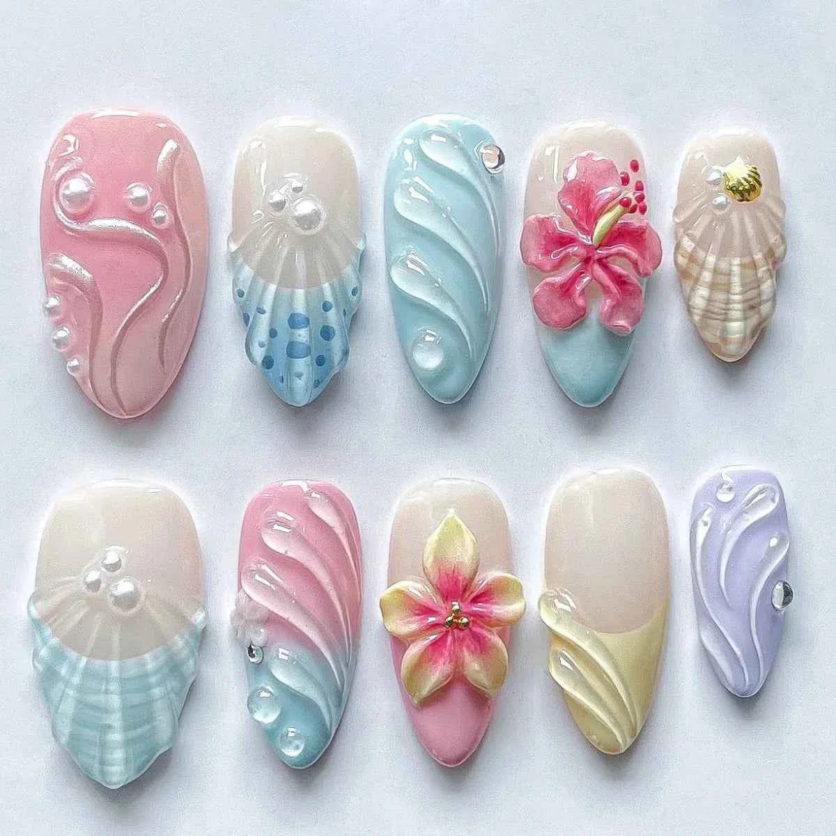 24pc Mid-Length Almond Press On Nails - Blue Smudge Full Cover Set