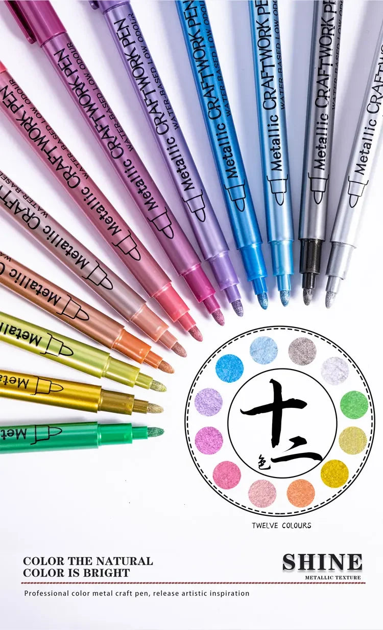 12 Colors Metallic Markers Pens Silver Gold Paint Pens for Black Paper, Glass, Rock Painting