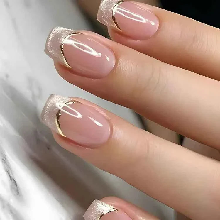 24pc Short Square Coffin Press On Nails - Glitter Diamond Blush Pink Cat Eye