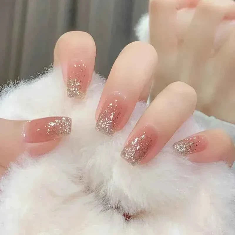 24pc Short Square Coffin Press On Nails - Glitter Diamond Blush Pink Cat Eye