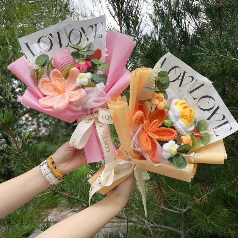 Finished Crochet Flower Bouquet (12.6-15.7 in) - Handmade Roses/Sunflowers/Carnations Gift