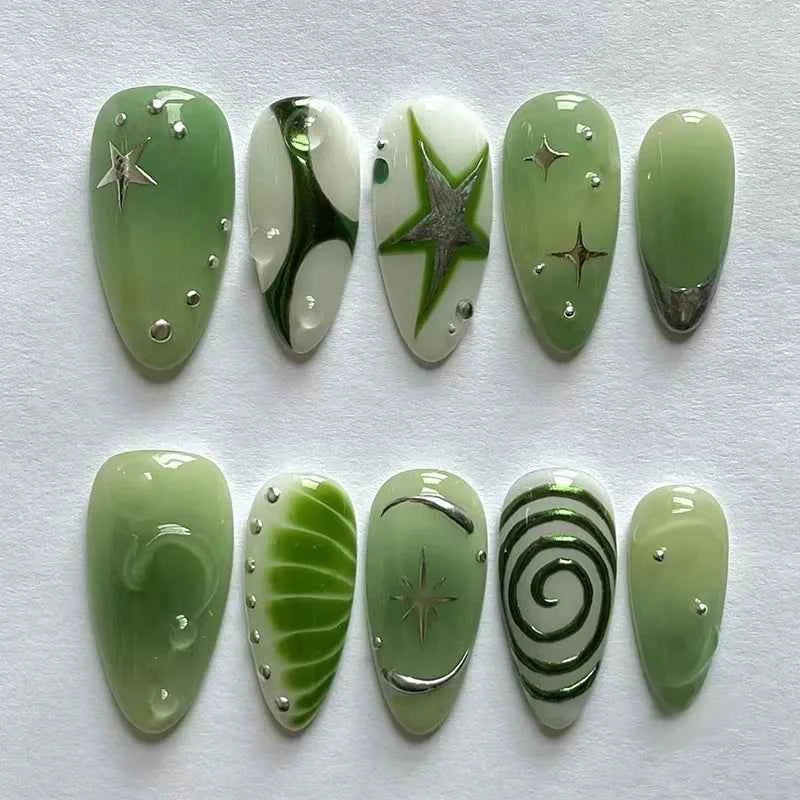 24pc Mid-Length Almond Press On Nails - Blue Smudge Full Cover Set