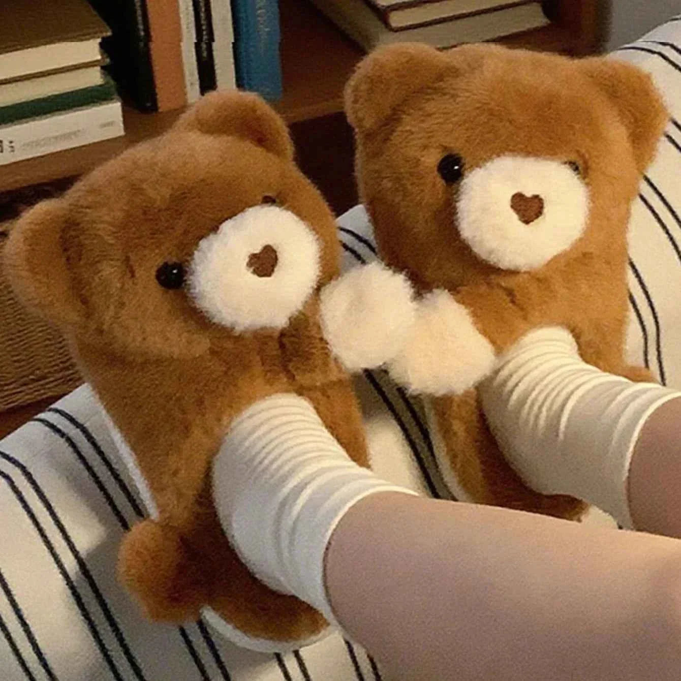 Kawaii 3D Hug Bear Fluffy House Slippers - Khaki Warm Winter Indoor Non-slip Shoes