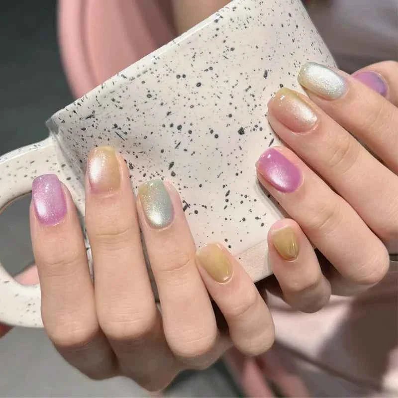 24pc Short Square Coffin Press On Nails - Glitter Diamond Blush Pink Cat Eye