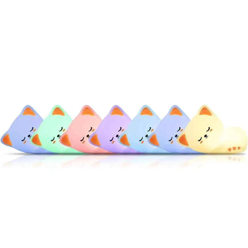 Kawaii Cat Silicone Night Light 7 Colors & Timer (3.9 in) - Nursery Rechargeable Lamp