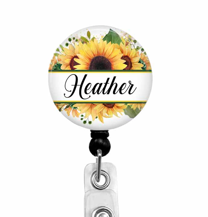Personalized Sunflower Badge Reel Holder – Stethoscope Tag - Carabiner - Lanyard