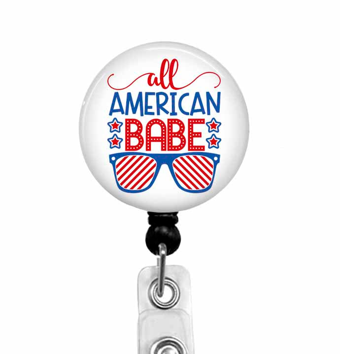 All American Babe Badge Reel – Patriotic Retractable ID Holder - Carabiner - Lanyard